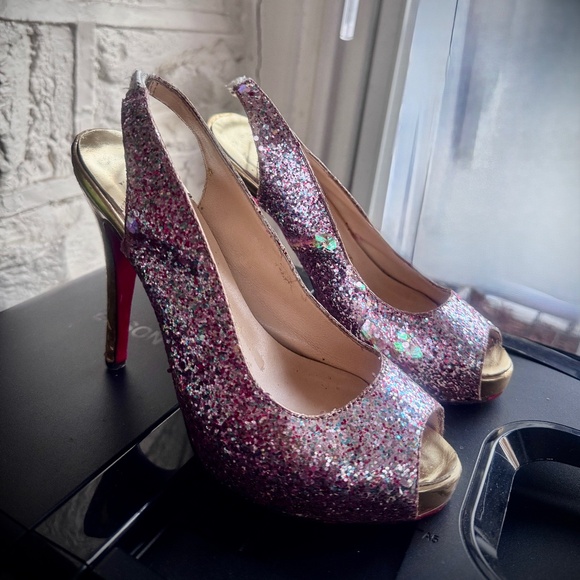 Christian Louboutin Multicolor Glitter Slingback Peep Platform Sandals Sz. 5.5 - Picture 6 of 15